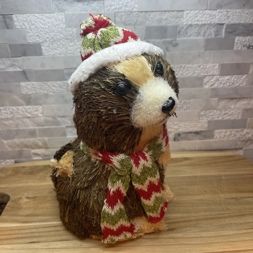 Christmas Sisal Animal Figurines Dog and Fox Holiday Decor Woodland Rustic Set 2